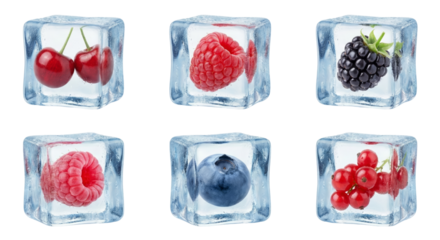 Fresh Berries Frozen in Ice Cubes - Cherries, Raspberries, Blackberry, Blueberry, Currants