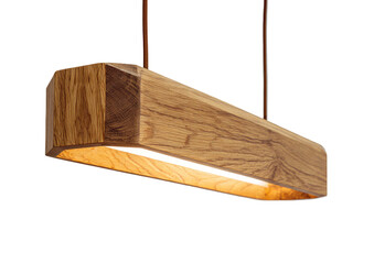 Angular wooden pendant light, warm glow, simple design against a dark backdrop