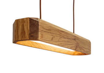 Angular wooden pendant light, warm glow, simple design against a dark backdrop