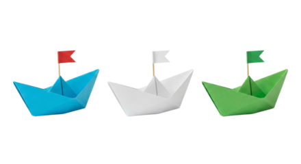 Three Origami Paper Boats with Flags: Blue, White, Green