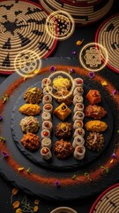 Luxurious Macro Photograph of Elegant Ethiopian Cuisine Mosaic with Floating Amber Spice Icons