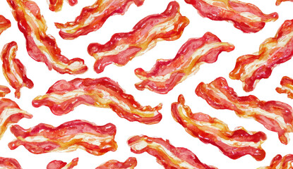 Many strips of watercolor bacon, pink, white, and brown, on a black background