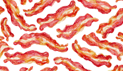 Many strips of watercolor bacon, pink, white, and brown, on a black background