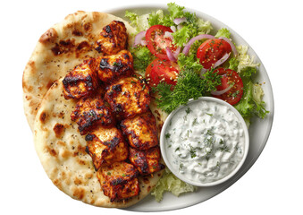 Grilled paneer cubes on flatbread, with salad and a white sauce dip