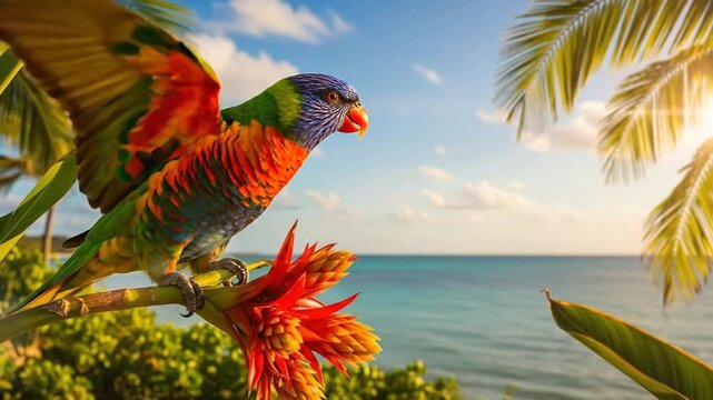 colorful lorikeet on tropical flower by ocean