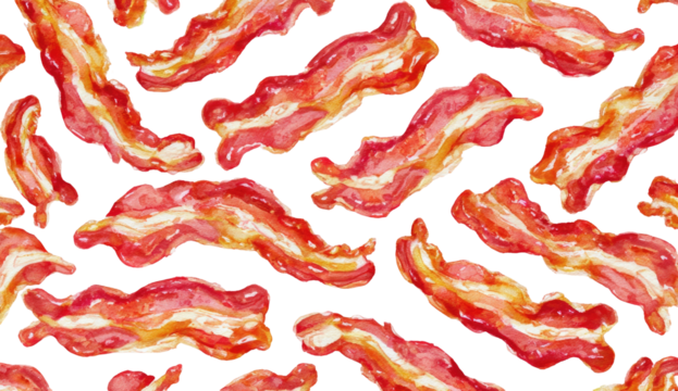 Many strips of watercolor bacon, pink, white, and brown, on a black background - Powered by Adobe