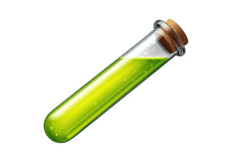 Green liquid-filled test tube, stoppered, resting on black background