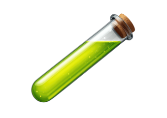 Green liquid-filled test tube, stoppered, resting on black background