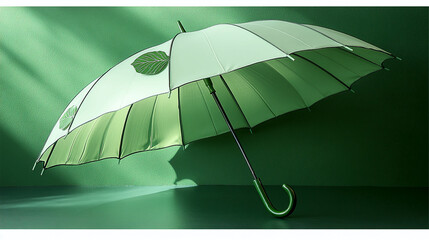 A cheerful green umbrella with cute features and leaf design on a textured green background with sunlight casting shadows with cheerful umbrella and hobbies and leisure and outdoor and fun with leaves