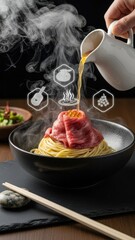 Spectacular Fine-Dining Uyghur Lagman with Dynamic Steaming Consomm&eacute; Pour over Raw Beef and Futuristic Floating Steam Icons