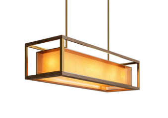 Rectangular ceiling light with golden fabric interior and wooden frame