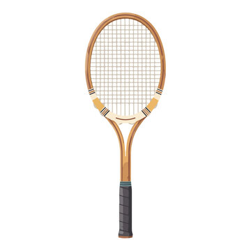 A wooden tennis racket with a black handle and white strings against a plain white background.