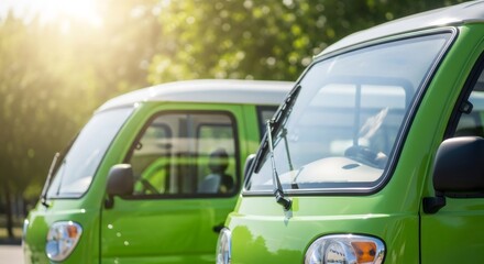 Light green electric mini trucks at outdoor parking lot in summer city. Eco friendly futuristic urban transport for delivery business.
