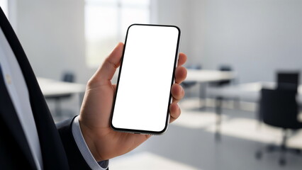 Business technology concept showing blank mobile phone screen indoors