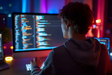 Young person coding at night with colorful lights in a room full of screens