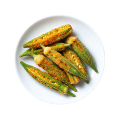 Plate of roasted okra, with spice, viewed from directly above