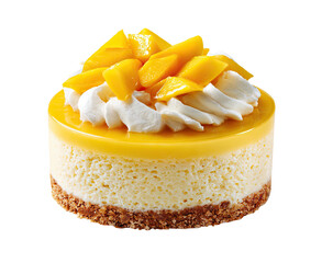 Round dessert with mango, creamy topping, & crumble base on black background