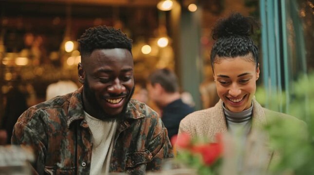 A happy young couple enjoys a lighthearted moment together at a restaurant, sharing warm smiles and genuine laughter during a romantic dinner date.