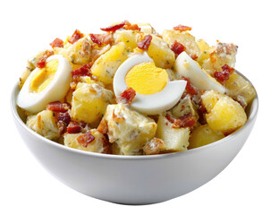 Potato salad in white bowl; eggs, bacon bits on top. Appetizing meal