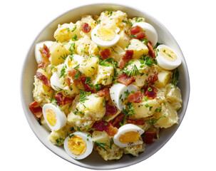Potato salad cubed potatoes, eggs, bacon, herbs in a white bowl, top-down