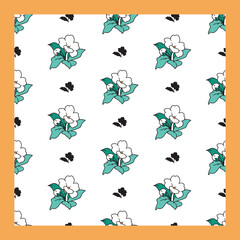 Cute White Blossom Pattern with Black Accents. Ideal for spring designs, fabric prints, stationery, packaging, wallpapers, and floral themed products.