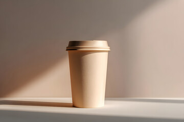 Coffee cup on a table in sunlight with shadow patterns reflecting a light source in the background
