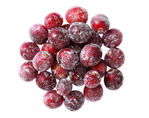 Pile of round, deep red cranberries with a frosted white coating