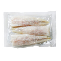Three skinless, white fish fillets vacuum-sealed in clear plastic packaging