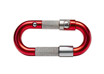 Red carabiner with a silver screwgate against a solid black background