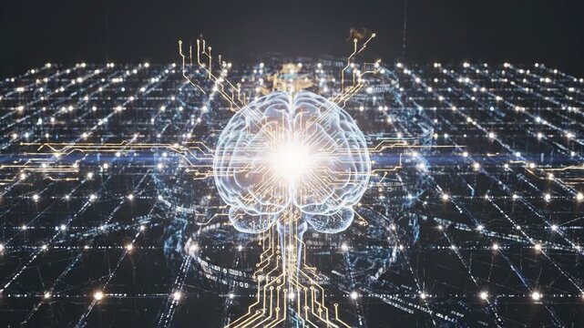 A futuristic digital brain with circuit board lines and binary code on a dark background representing artificial intelligence and technology
