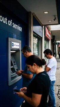 Frustrated People Waiting in Queue at Out of Service ATM Machine on Busy City Street