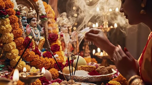 Kamada Ekadashi Fasting Ritual Setup with Rising Incense Smoke Serene