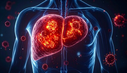 Detailed 3D render of human liver showing viral infection, glowing red affected regions, floating microscopic virus particles
