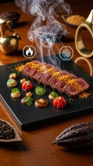 Spectacular Macro Photograph of Opulent Wagyu Beef Suya with Gold Leaf, Rising Smoke, and Futuristic Holographic Aroma and Heat Icons