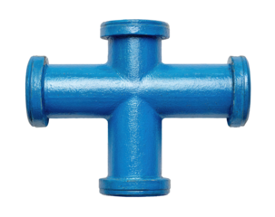 Blue cross-shaped pipe fitting against black