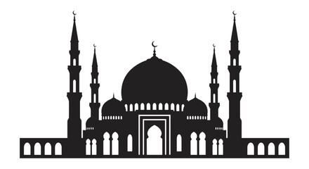 Stylized silhouette vector of a mosque with prominent dome and towering minarets, representing Islamic architecture and spiritual worship. Ideal for religious, cultural, or travel themes