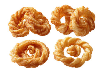 Four golden, swirled, and crispy pastries, two circular, two more irregular