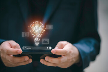 Businessman holding a glowing AI light bulb with digital prompt interface, generative AI ,symbolizing artificial intelligence innovation, prompt engineering,and creative technology solutions.