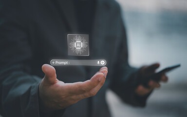 Close-up of businessman using laptop with floating AI command prompt and icons, representing artificial intelligence, prompt engineering, generative technology for digital transformation.
