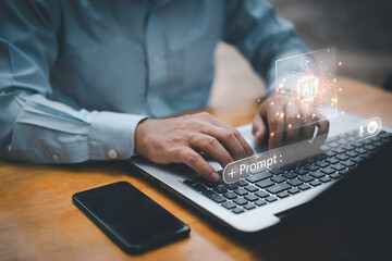 Close-up of businessman using laptop with floating AI command prompt and icons, representing artificial intelligence, prompt engineering, generative technology for digital transformation.
