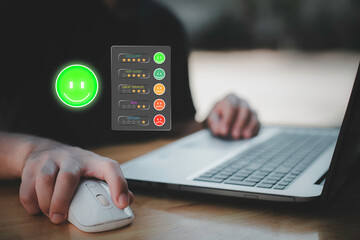 Businessman using smartphone to give five-star rating and positive feedback through virtual interface. Concept of customer satisfaction, user experience, review system, and digital feedback.