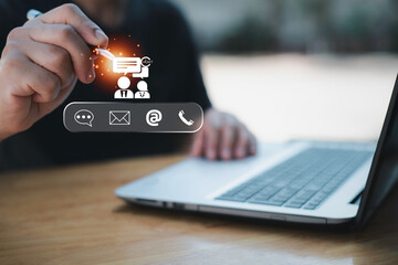 Businessman using Smart Phone with the email, call phone, address, Chat message icons.Customer support hotline Contact us people connection.