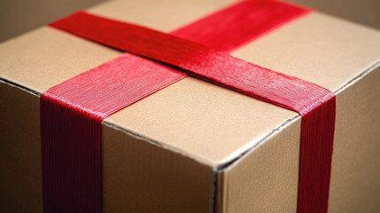 Brown cardboard box wrapped with red tape for secure shipping and delivery with a rustic background with package and parcel and gift and wrapping and close up and detail and texture with logistics