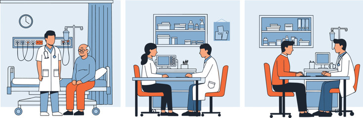 doctor patient consultation, hospital clinic scenes, medical checkup, healthcare service, physician meeting, diagnosis discussion, modern hospital illustration, flat style