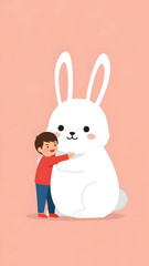 Obraz premium A small boy affectionately hugging a large cute white rabbit.