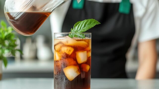 Refreshing Iced Beverage Being Poured into a Glass with Ice Cubes and Mint Garnish Captured in a Bright Cafe Setting