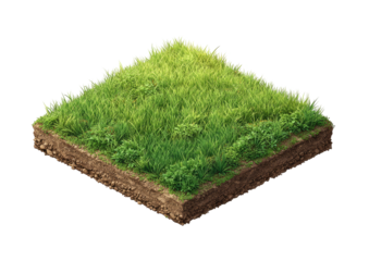 Isometric grassy square patch on dark soil background