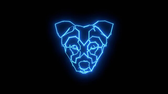 Low poly head of the dog. Neon glowing. Thin line style.
