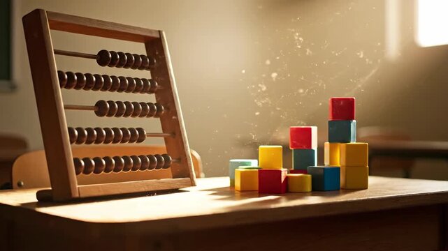 Abacus and colorful blocks on a wooden school desk, education concept