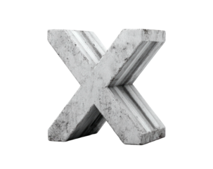 Concrete X-shaped structure, weathered & tilted, against a black background